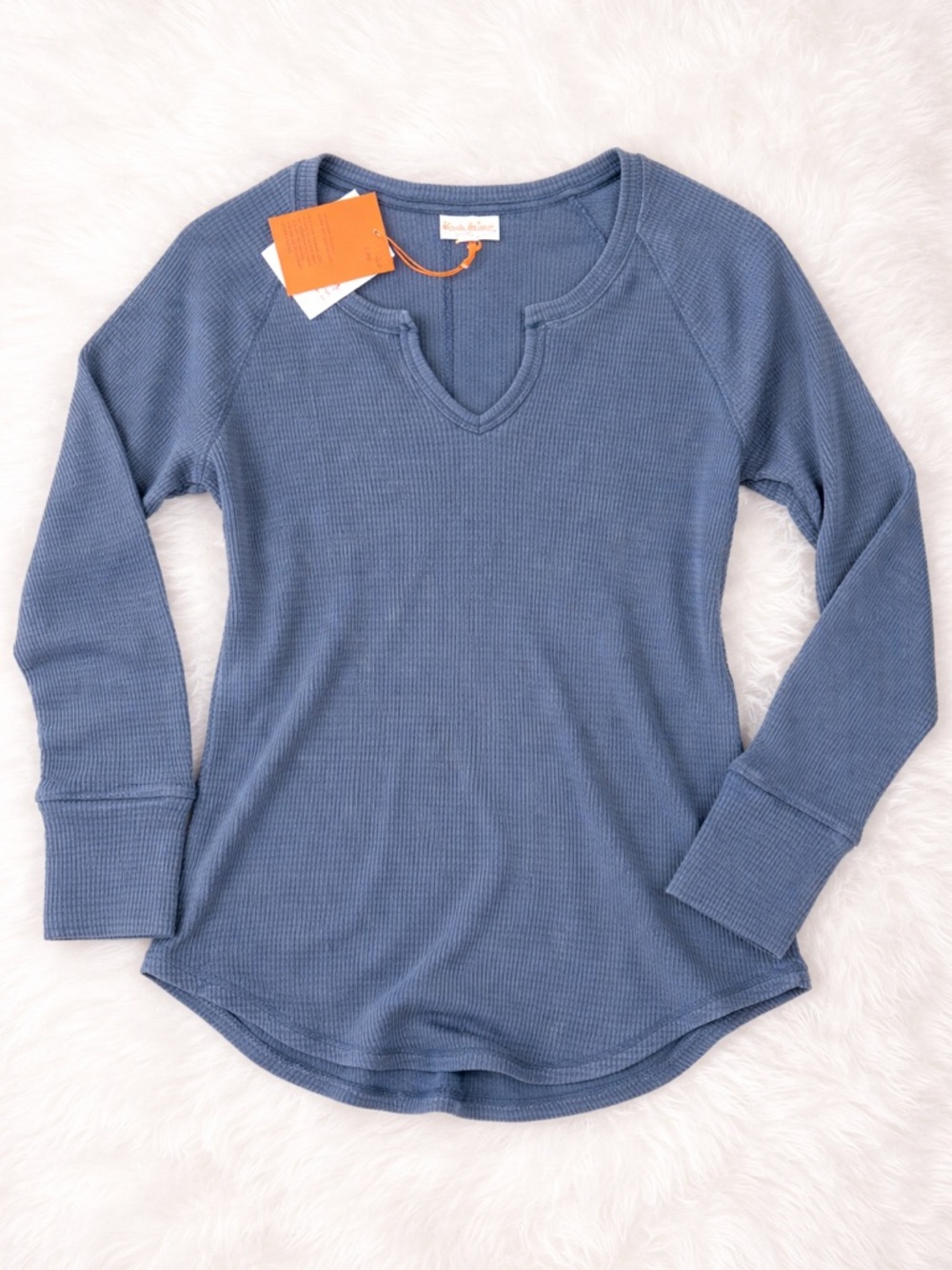 Knox Rose Ribbed Long Sleeve Top Blue Notch Neck Size Large NWT